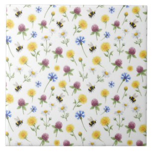 Carreau Aquarelle Fleurs sauvages et abeilles à miel