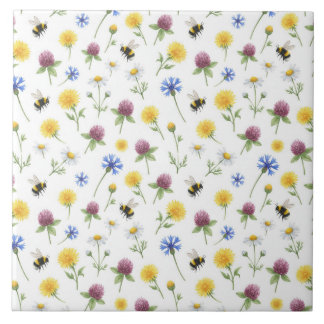 Carreau Aquarelle Fleurs sauvages et abeilles à miel 
