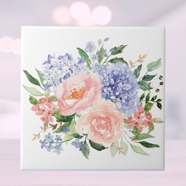 Carreau Aquarelle Floral Printanier Hydrangea Pivoine Rose (Close up)
