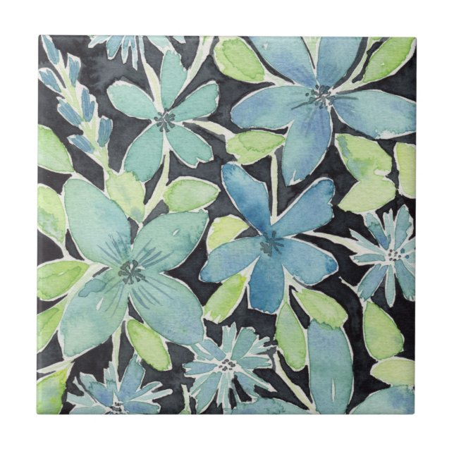 Carreau Aquarelle Florale Bleue Moderne (Devant)