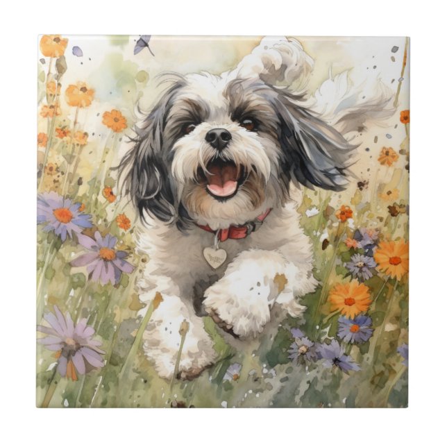 Carreau Aquarelle florale Shih Tzu courant à travers la fl (Devant)
