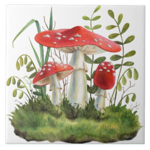 Carreau Aquarelle Forêt rouge Champignons sauvages