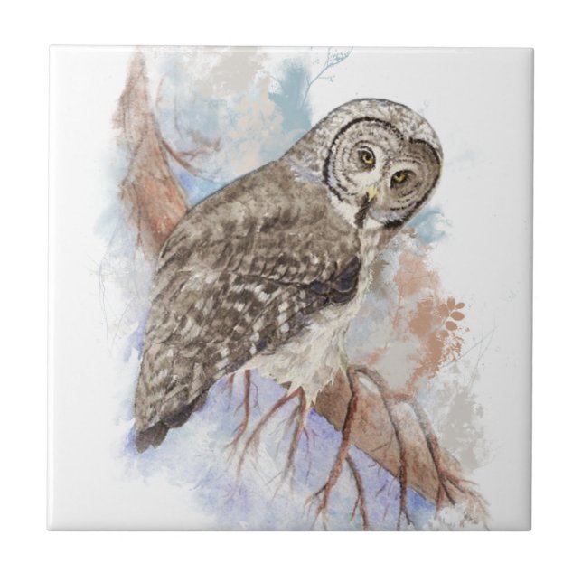 Carreau Aquarelle Grande Chouette gris Art Oiseau (Devant)
