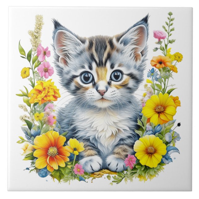 Carreau Aquarelle Kitten en Fleurs Jaunes et Roses (Devant)