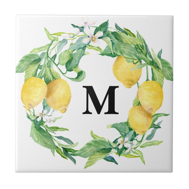Carreau Aquarelle Lemon Floral Wreath w Monogramme familia (Devant)