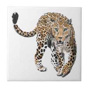 Carreau aquarelle léopard jungle chat peint vert animal