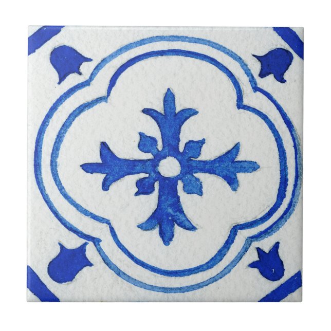 Carreau Aquarelle méditerranéenne à motif bleu blanc (Devant)