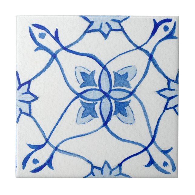 Carreau Aquarelle méditerranéenne bleu & blanc (Devant)
