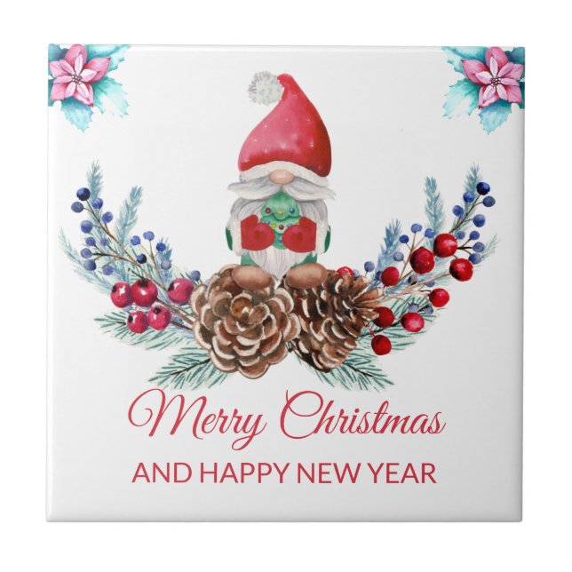 Carreau Aquarelle mignonne Gnomes & Poinsettia (Devant)