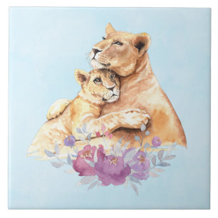Carreau Aquarelle mignonne Mère Lion & Cub