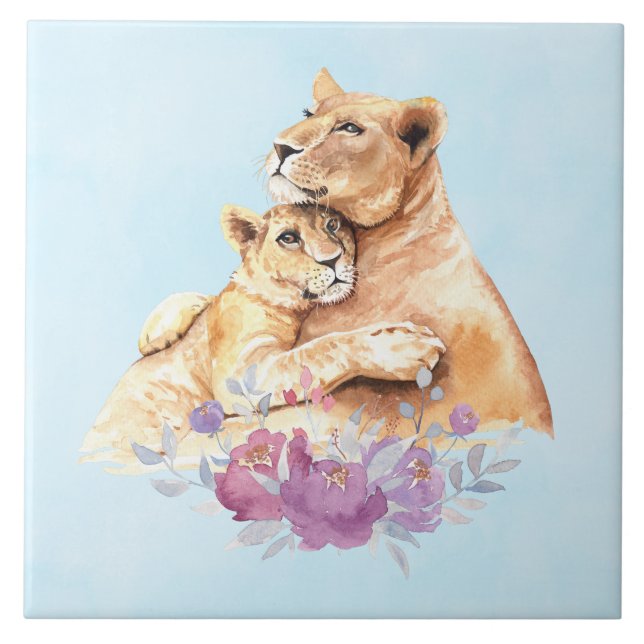 Carreau Aquarelle mignonne Mère Lion & Cub (Devant)