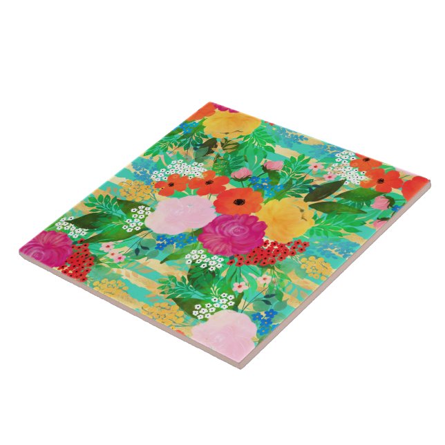 Carreau Aquarelle mignonne Rouge & Jaune Floral Biscay Ver (Côté)