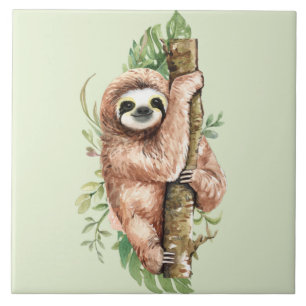 Carreau Aquarelle mignonne Sloth & Feuilles tropicaux