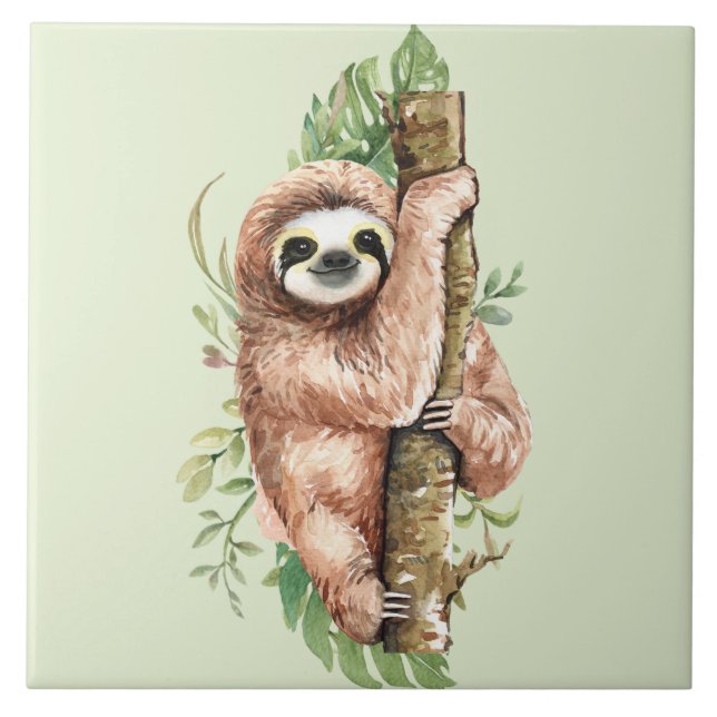 Carreau Aquarelle mignonne Sloth & Feuilles tropicaux (Devant)