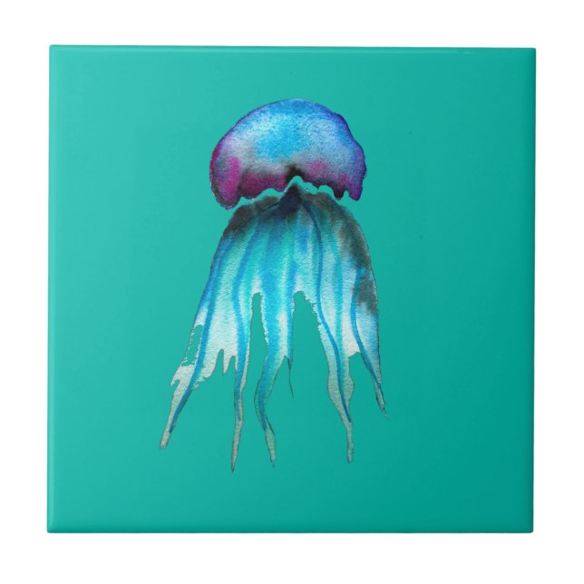 Carreau Aquarelle moderne colorée de méduses aquatiques (Devant)
