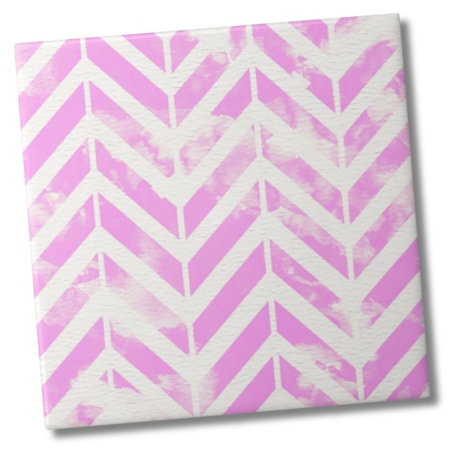 Carreau Aquarelle Motif de Herringbone rose (Trendy Rustic Pink Watercolor Herringbone Pattern Ceramic Tile)