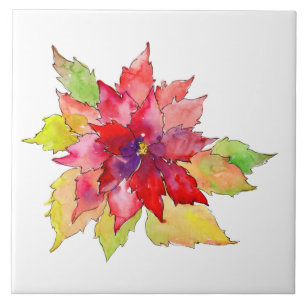 Carreau Aquarelle Noël Rouge et vert Poinsettia