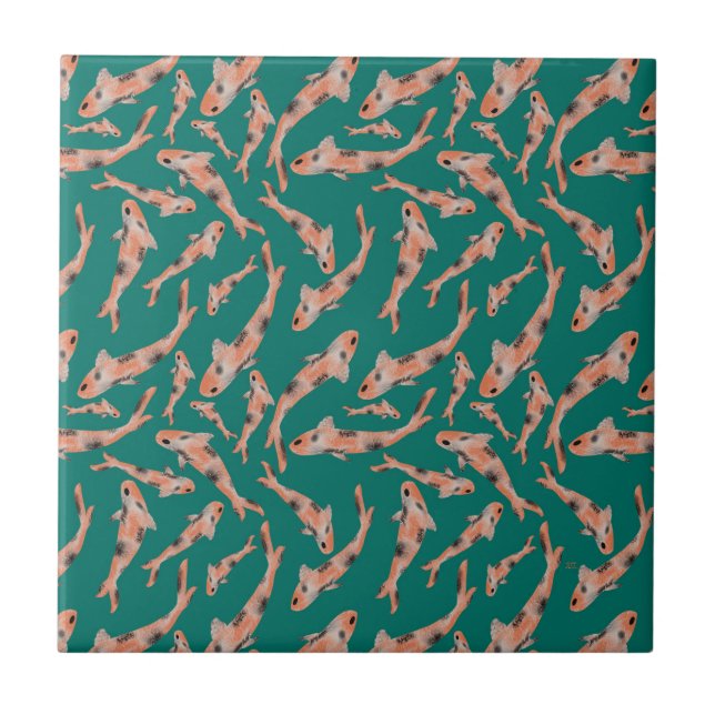 Carreau Aquarelle orange Koi Poisson Motif Turquoise (Devant)