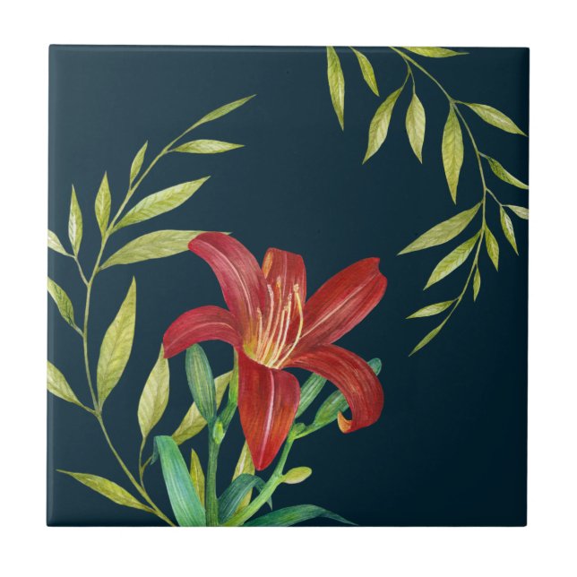 Carreau Aquarelle Orange Lily Illustration Turquoise foncé (Devant)