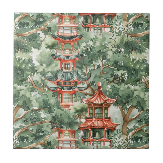 Carreau Aquarelle Pagode asiatique dans paysage verdoyant  (Devant)