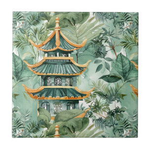 Carreau Aquarelle Pagode asiatique dans paysage verdoyant 