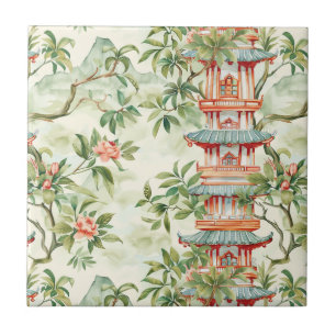 Carreau Aquarelle Pagode asiatique dans paysage verdoyant 
