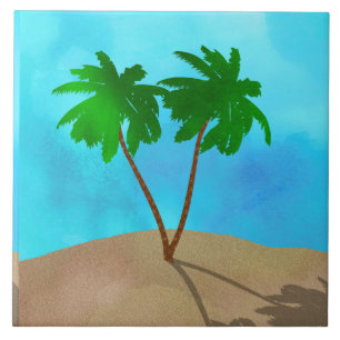Carreau Aquarelle Palm Tree Beach Scene Collage
