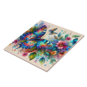 Carreau Aquarelle Papillon Floral Fleurs Bleu rose