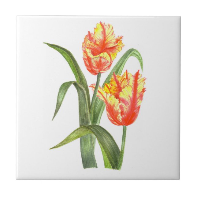 Carreau Aquarelle Parrot Jaune Tulipes Art Floral (Devant)