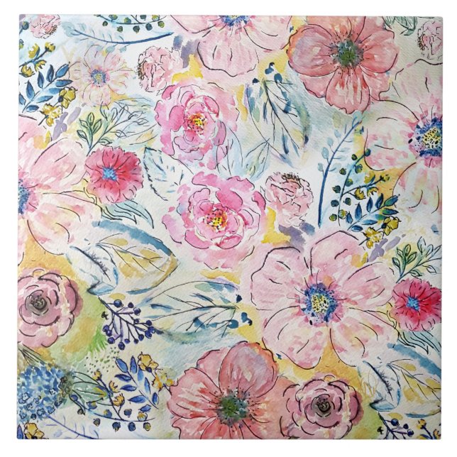 Carreau Aquarelle peinture à la main design floral (Devant)