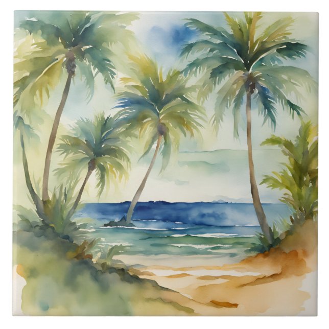 Carreau Aquarelle Plage tropicale Palmiers (Devant)