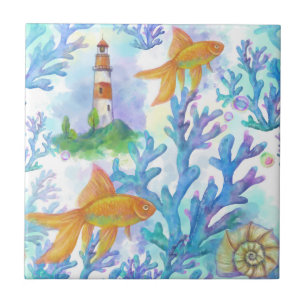 Carreau Aquarelle Poisson d'or et corail