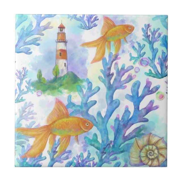 Carreau Aquarelle Poisson d'or et corail (Devant)