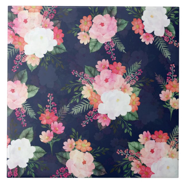 Carreau Aquarelle rose Fleurs Design bleu (Devant)