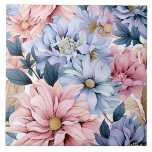 Carreau Aquarelle rose pastel et fleurs bleues
