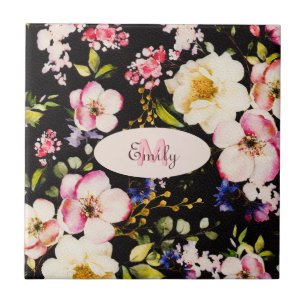Carreau Aquarelle rose Roses jaunes sur noir, Monogramme