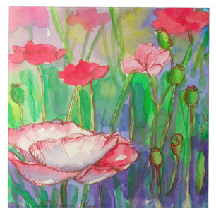 Carreau Aquarelle rose rouge Fleurs de pavot
