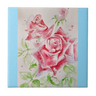 Carreau Aquarelle Rose Rouge Roses Rose Foncé Floral Bleu 
