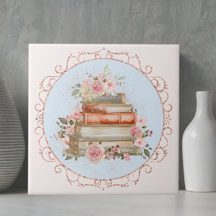 Carreau Aquarelle Roses et livres rose Vintage Coupe flora