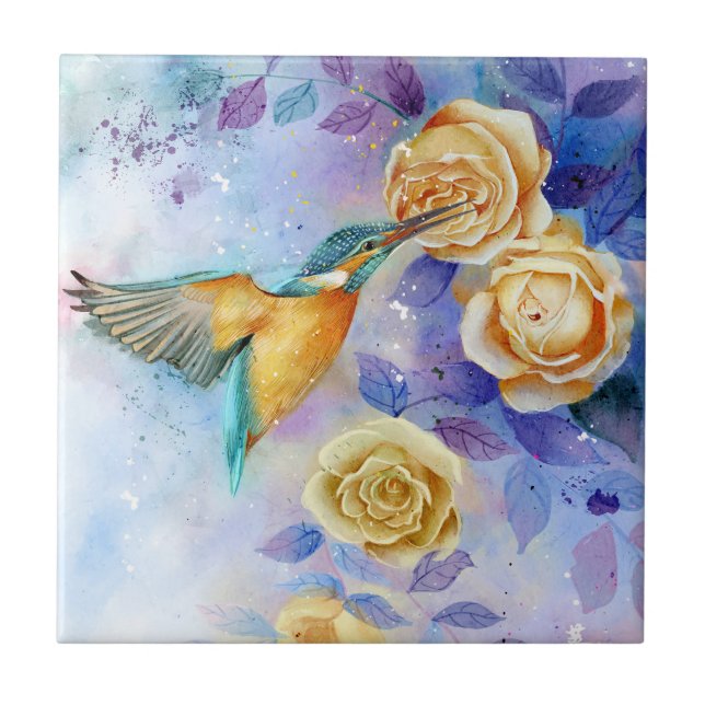 Carreau Aquarelle Roses Jaunes Oiseau et Fleur Art (Devant)