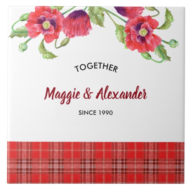 Carreau Aquarelle Rouge Poppies Floral Tartan Motif (Devant)