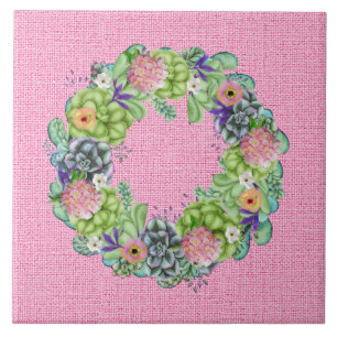 Carreau Aquarelle succulente couronne florale sur rose
