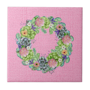 Carreau Aquarelle succulente couronne florale sur rose