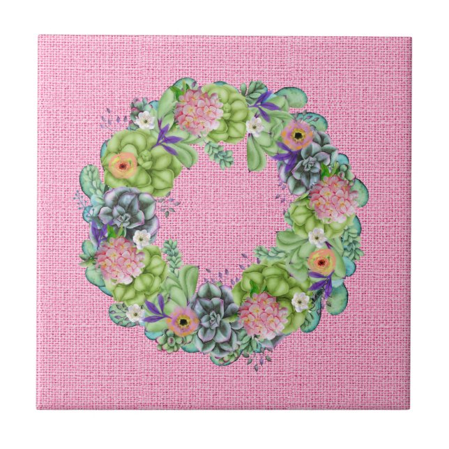 Carreau Aquarelle succulente couronne florale sur rose (Devant)