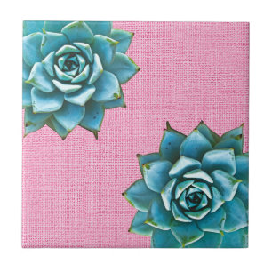 Carreau Aquarelle Succulente sur rose pâle