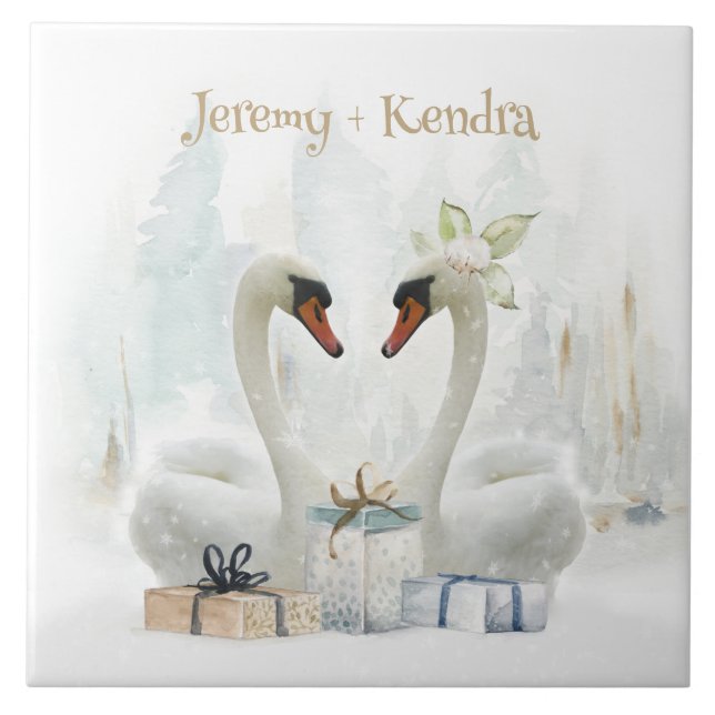 Carreau Aquarelle Swans hiver Personnalisé (Devant)