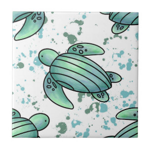 Carreau aquarelle tortue de mer vert bleu animal motif