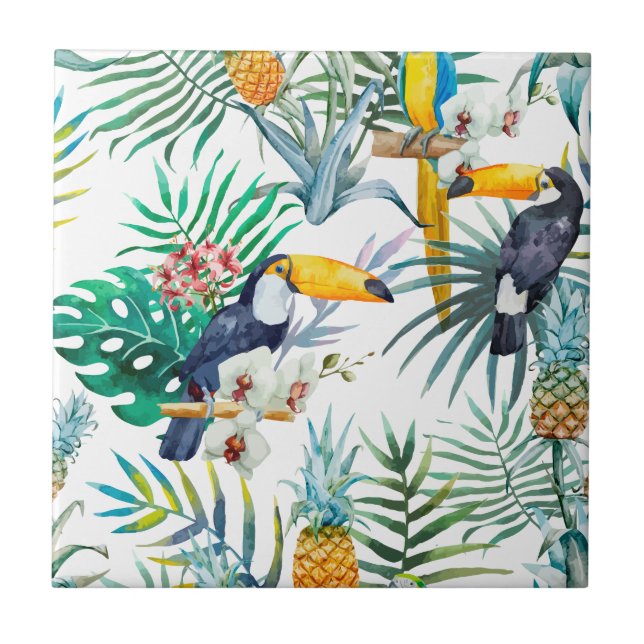 Carreau Aquarelle tropicale d'oiseau de perroquet d'ananas (Devant)