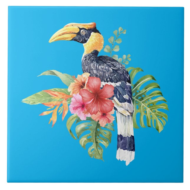 Carreau Aquarelle tropicale Great Hornbill & Fleurs (Devant)