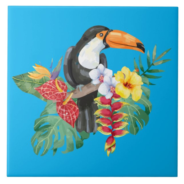 Carreau Aquarelle tropicale Toucan & Fleurs (Devant)